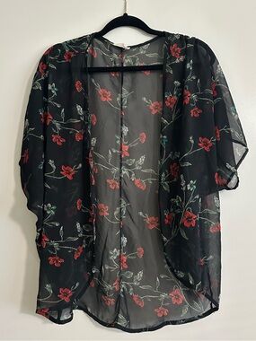 Sheer Black Floral Kimono Cover-Up with Red Flowers